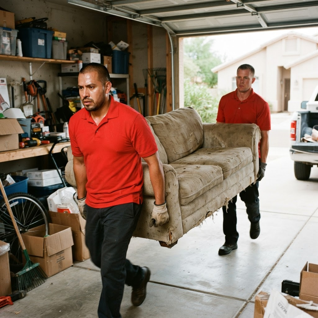 Two Trash Away crew members carrying an old sofa out of a garage